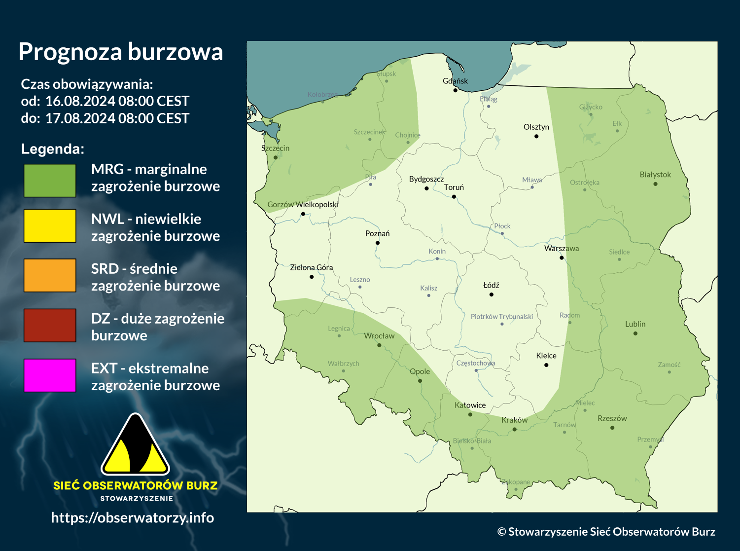 Prognoza burzowa na 16.08.2024 i noc z 16/17.08.2024