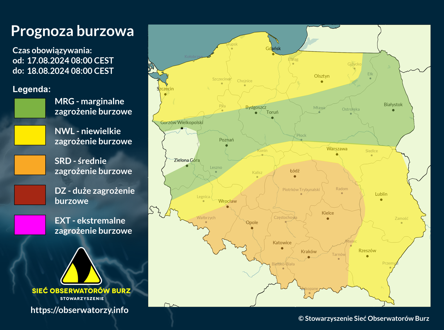 Prognoza burzowa na 17.08.2024 i noc z 17/18.08.2024