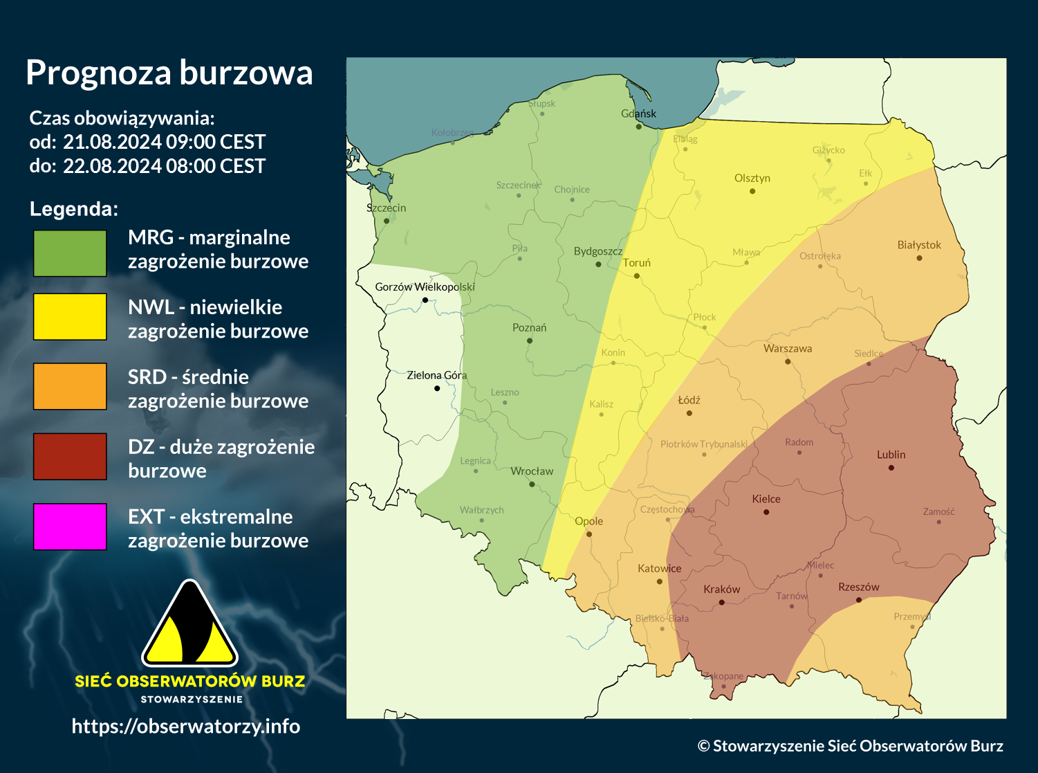 Prognoza burzowa na 21.08.2024 i noc z 21/22.08.2024 [AKTUALIZACJA]