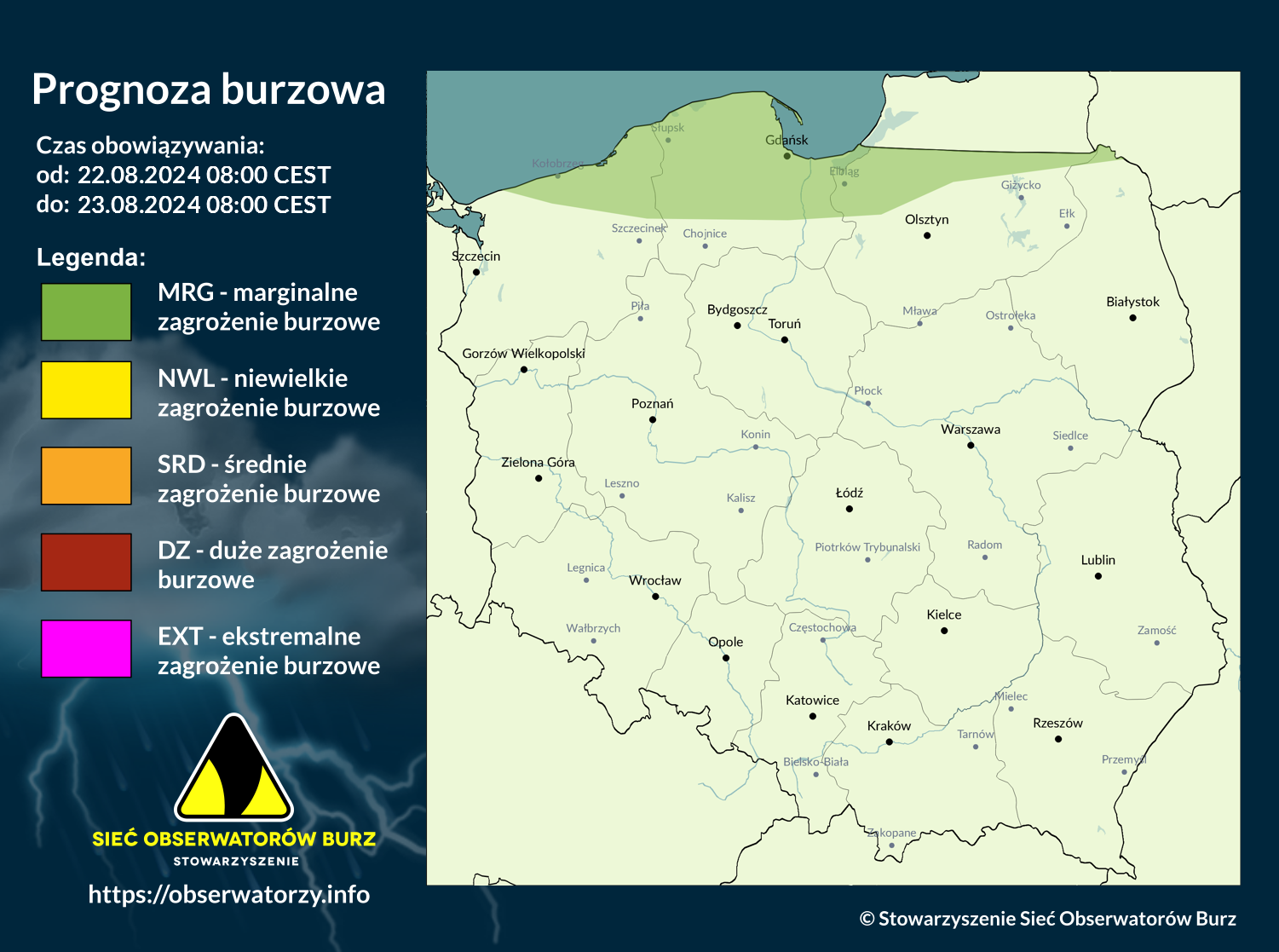 Prognoza burzowa na 22.08.2024 i noc z 22/23.08.2024