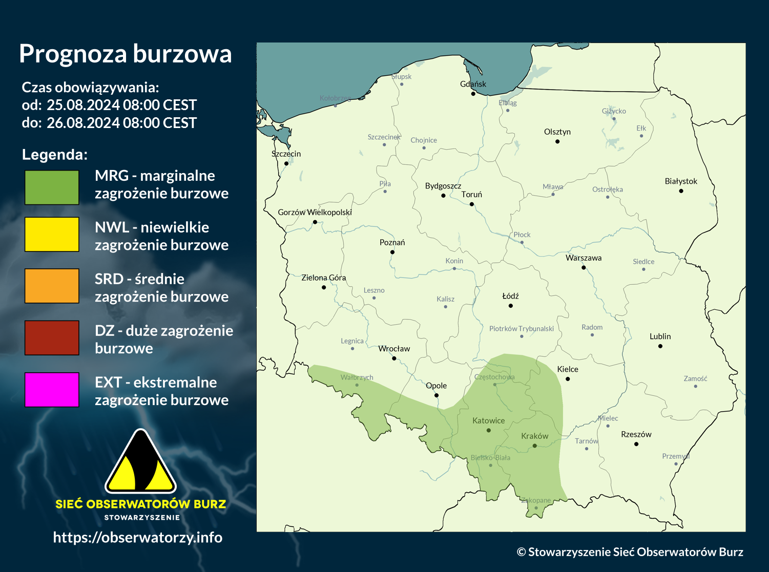 Prognoza burzowa na 25.08.2024 i noc z 25/26.08.2024