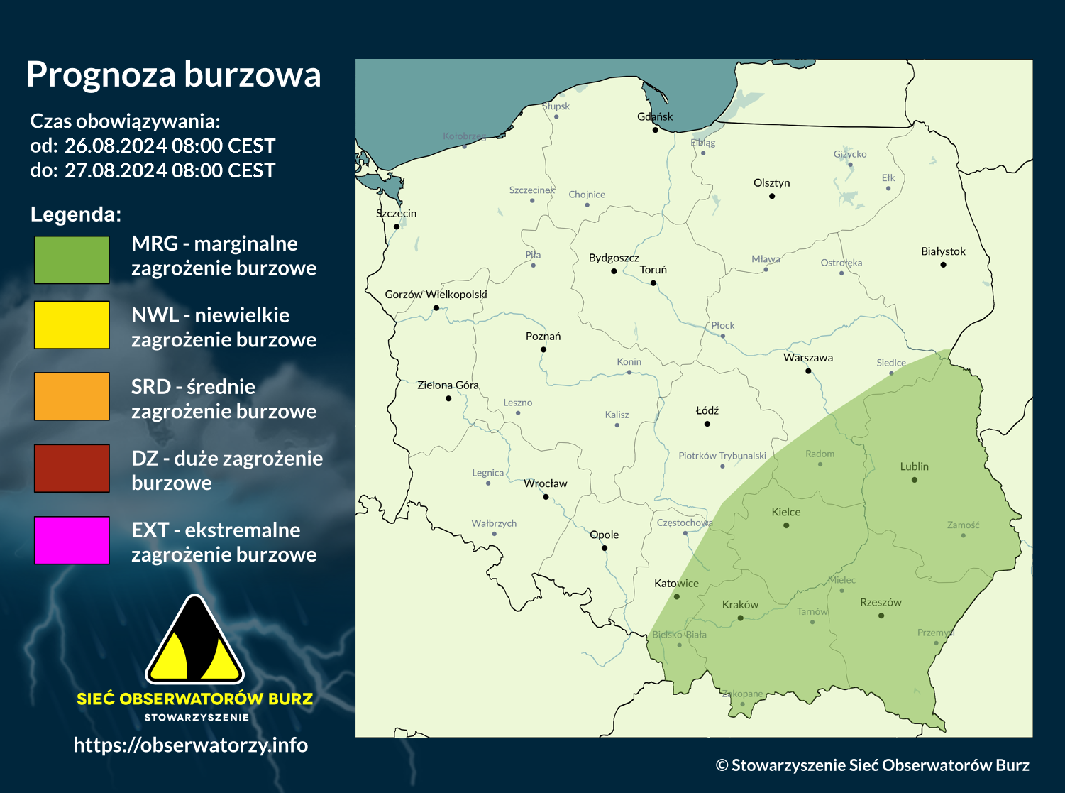 Prognoza burzowa na 26.08.2024 i noc z 26/27.08.2024