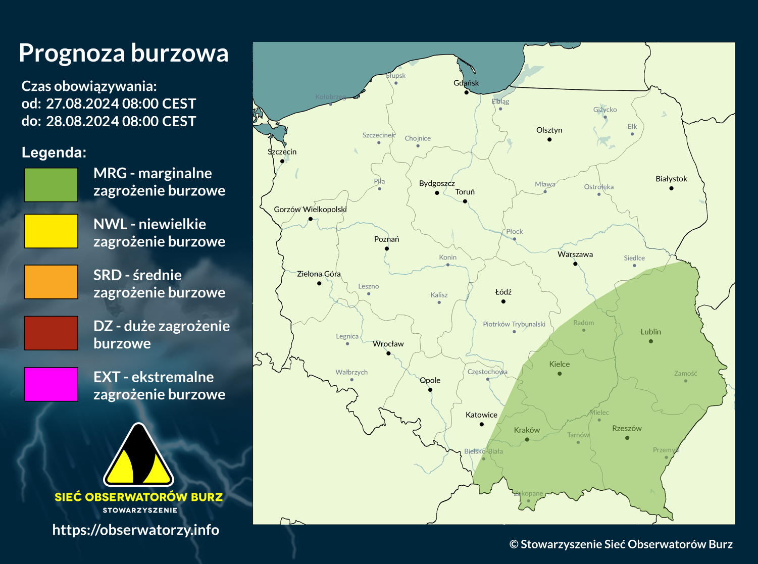 Prognoza burzowa na 27.08.2024 i noc z 27/28.08.2024