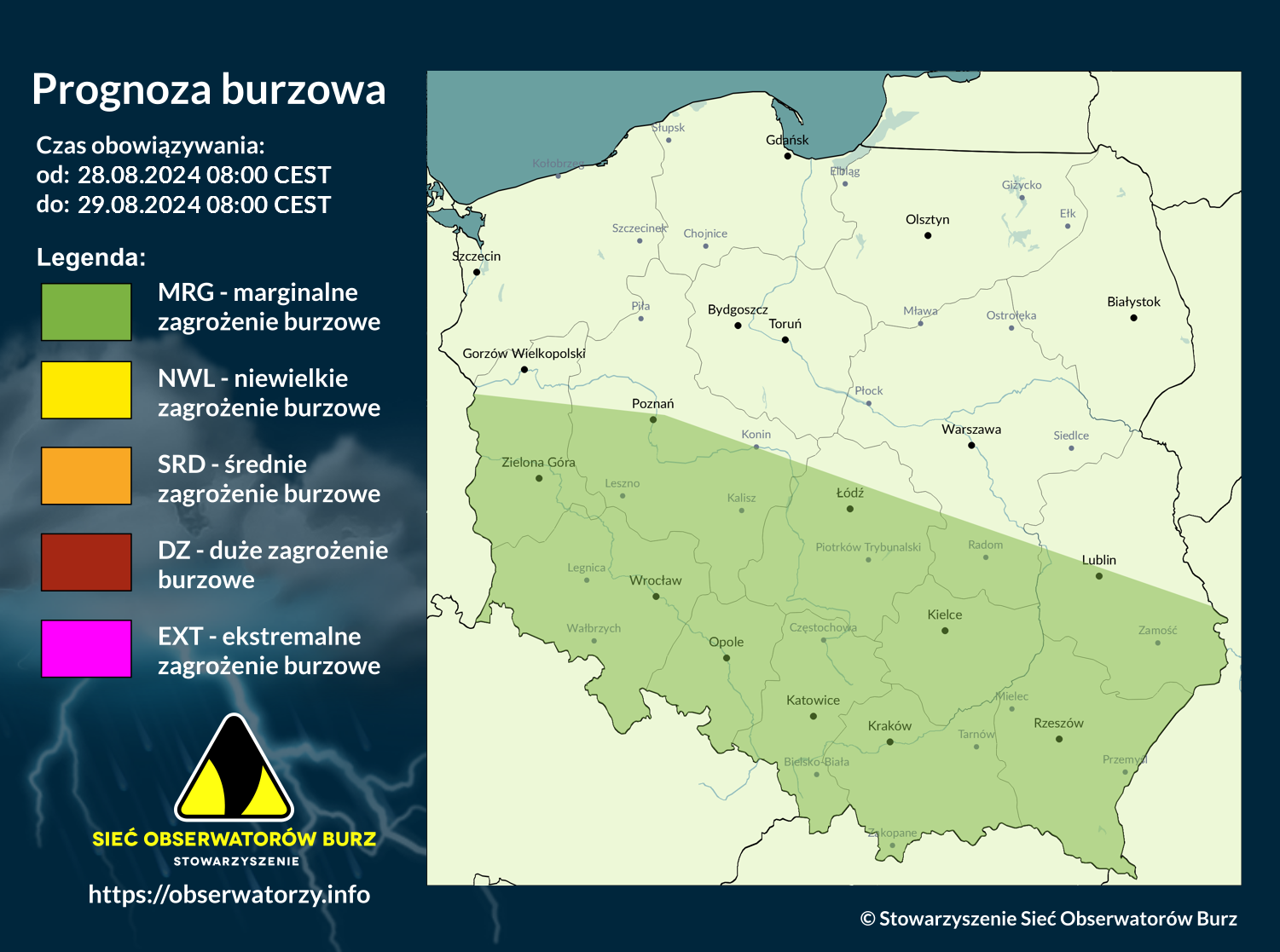 Prognoza burzowa na 28.08.2024 i noc z 28/29.08.2024