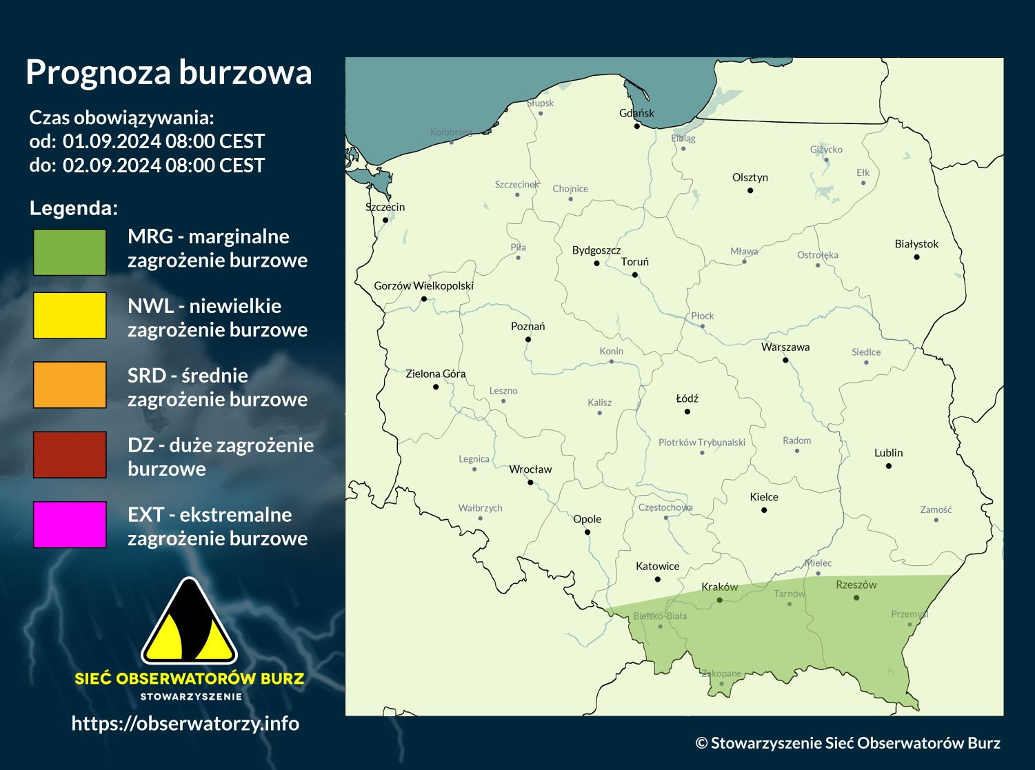 Prognoza burzowa na 1.09.2024 i noc z 1/2.09.2024