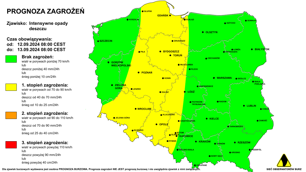 Ostrzeżenie pogodowe przed silnymi opadami deszczu na 12.09.2024 i noc z 12/13.09.2024