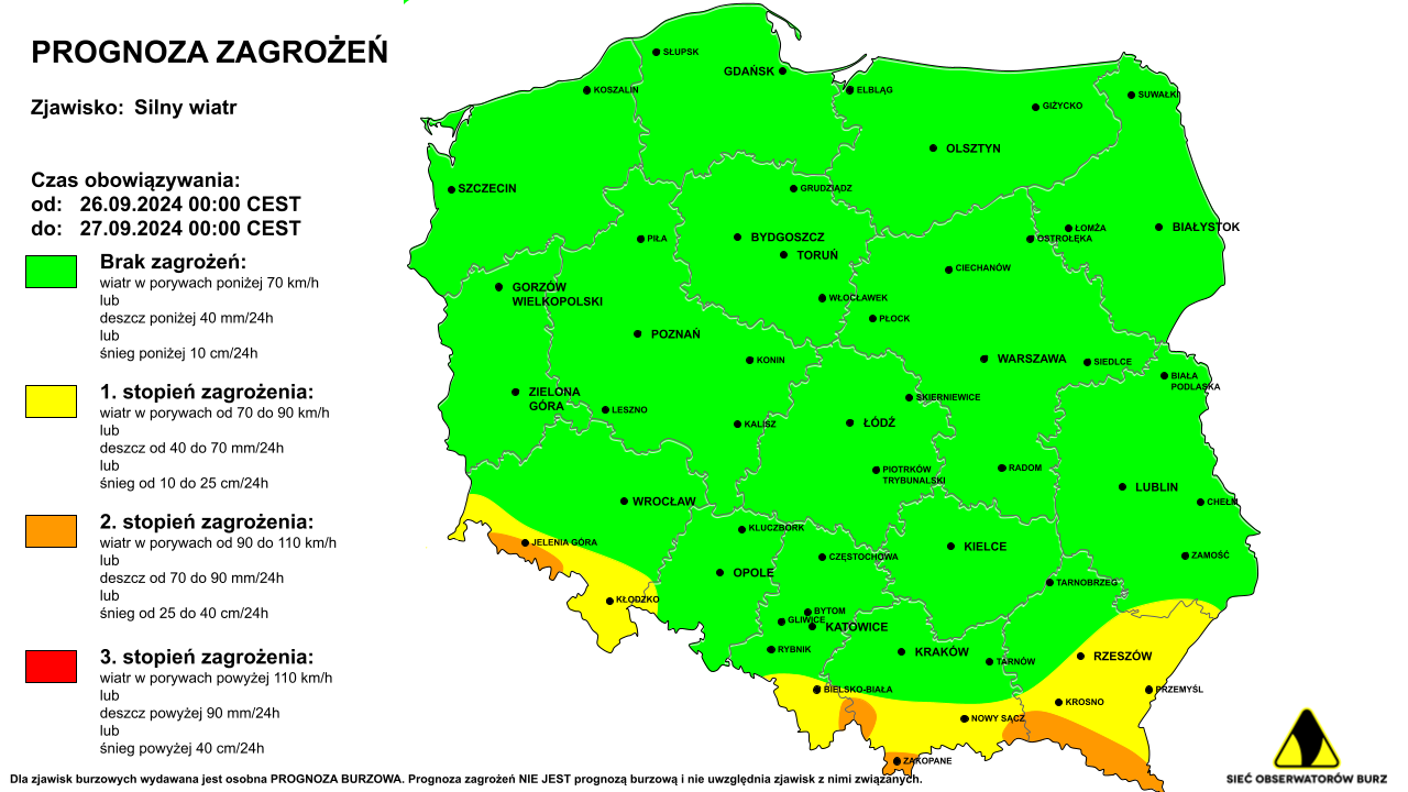 Ostrzeżenie przed silnym wiatrem na 26.09.2024 i noc z 26/27.09.2024