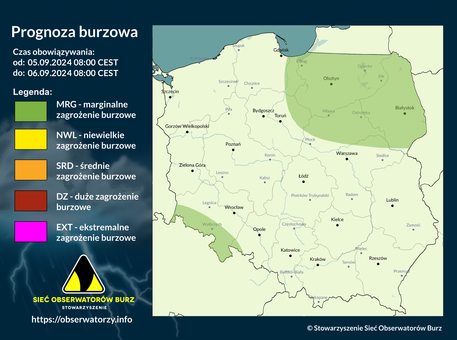 Prognoza burzowa na 5.09.2024 i noc z 5/6.09.2024