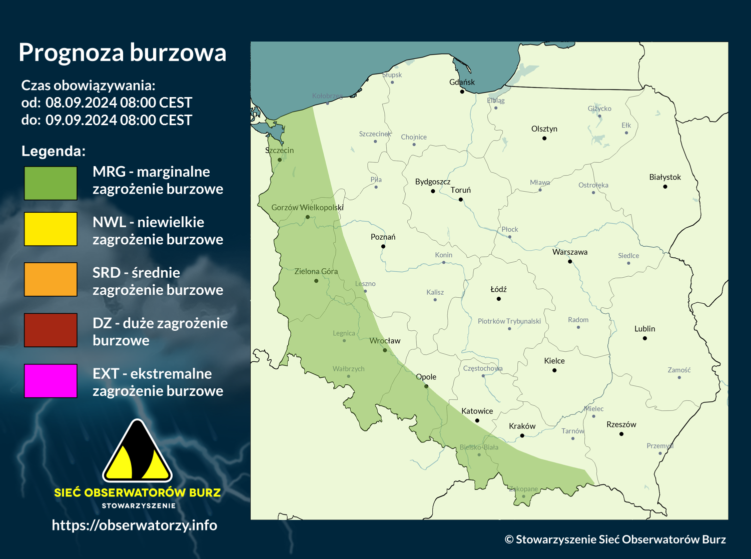 Prognoza burzowa na 8.09.2024 i noc z 8/9.09.2024