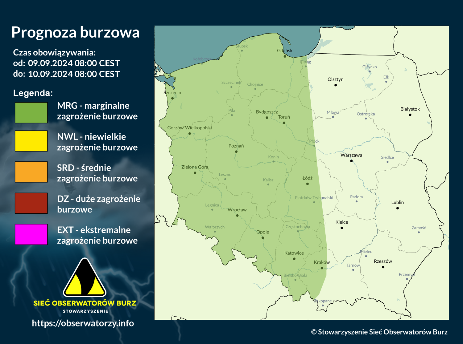 Prognoza burzowa na 9.09.2024 i noc z 9/10.09.2024