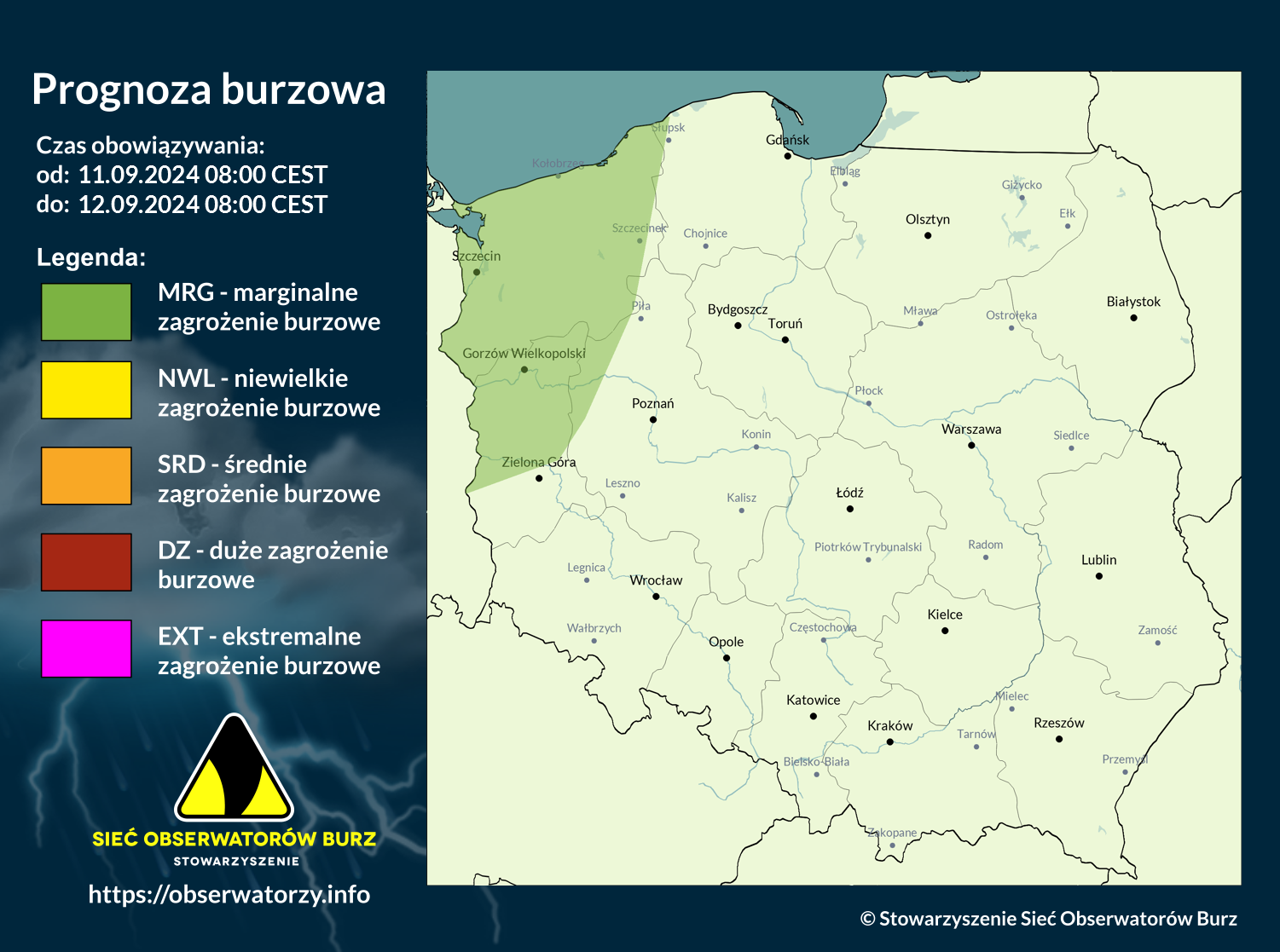 Prognoza burzowa na 11.09.2024 i noc z 11/12.09.2024