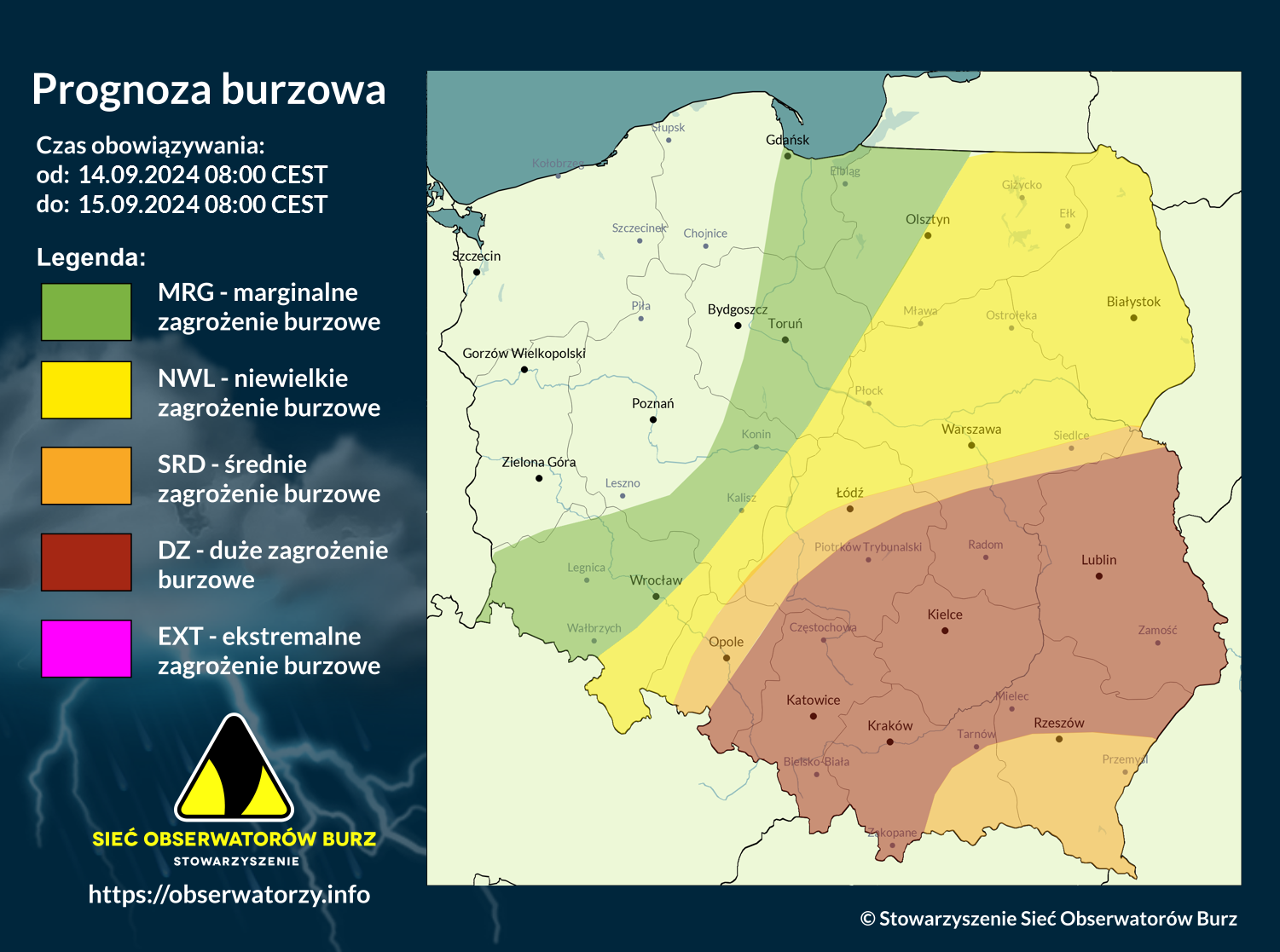 Prognoza burzowa na 14.09.2024 i noc z 14/15.09.2024