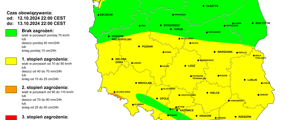 Ostrzeżenie pogodowe przed silnym wiatrem na noc z 12/13.10.2024 i 13.10.2024