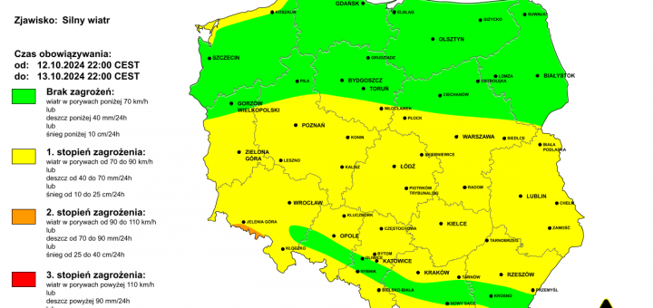 Ostrzeżenie pogodowe przed silnym wiatrem na noc z 12/13.10.2024 i 13.10.2024