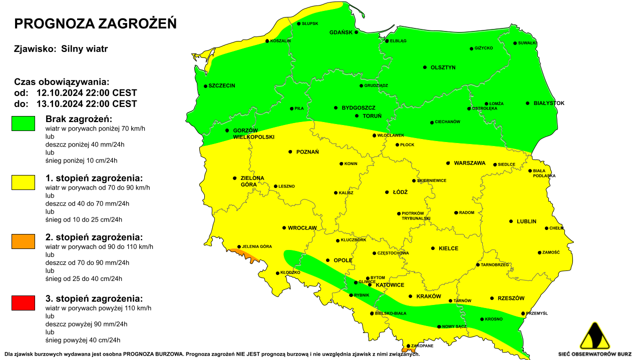 Ostrzeżenie pogodowe przed silnym wiatrem na noc z 12/13.10.2024 i 13.10.2024