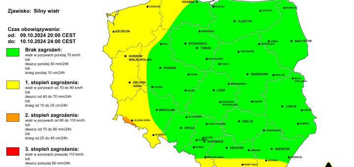 Ostrzeżenie przed silnym wiatrem na noc z 9/10.10.2024 i 10.10.2024