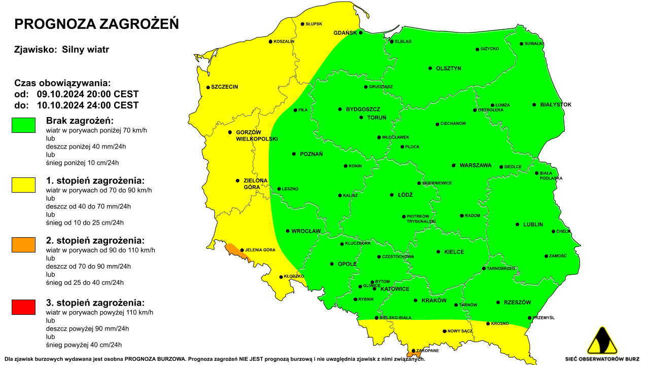 Ostrzeżenie przed silnym wiatrem na noc z 9/10.10.2024 i 10.10.2024