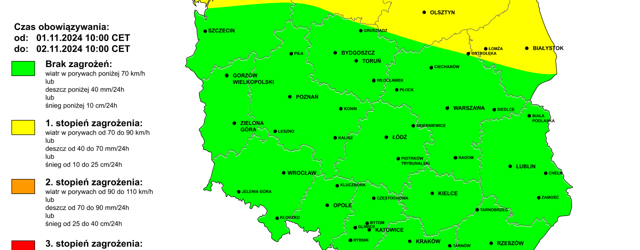 Ostrzeżenie pogodowe przed silnym wiatrem na 1.11.2024 i noc z 1/2.11.2024