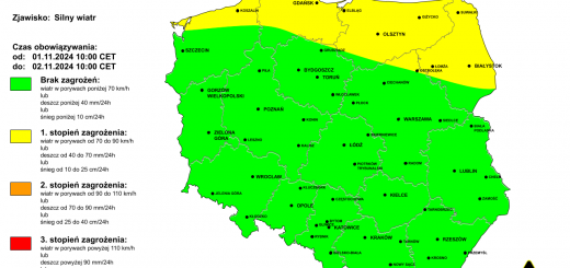 Ostrzeżenie pogodowe przed silnym wiatrem na 1.11.2024 i noc z 1/2.11.2024