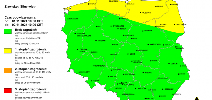 Ostrzeżenie pogodowe przed silnym wiatrem na 1.11.2024 i noc z 1/2.11.2024