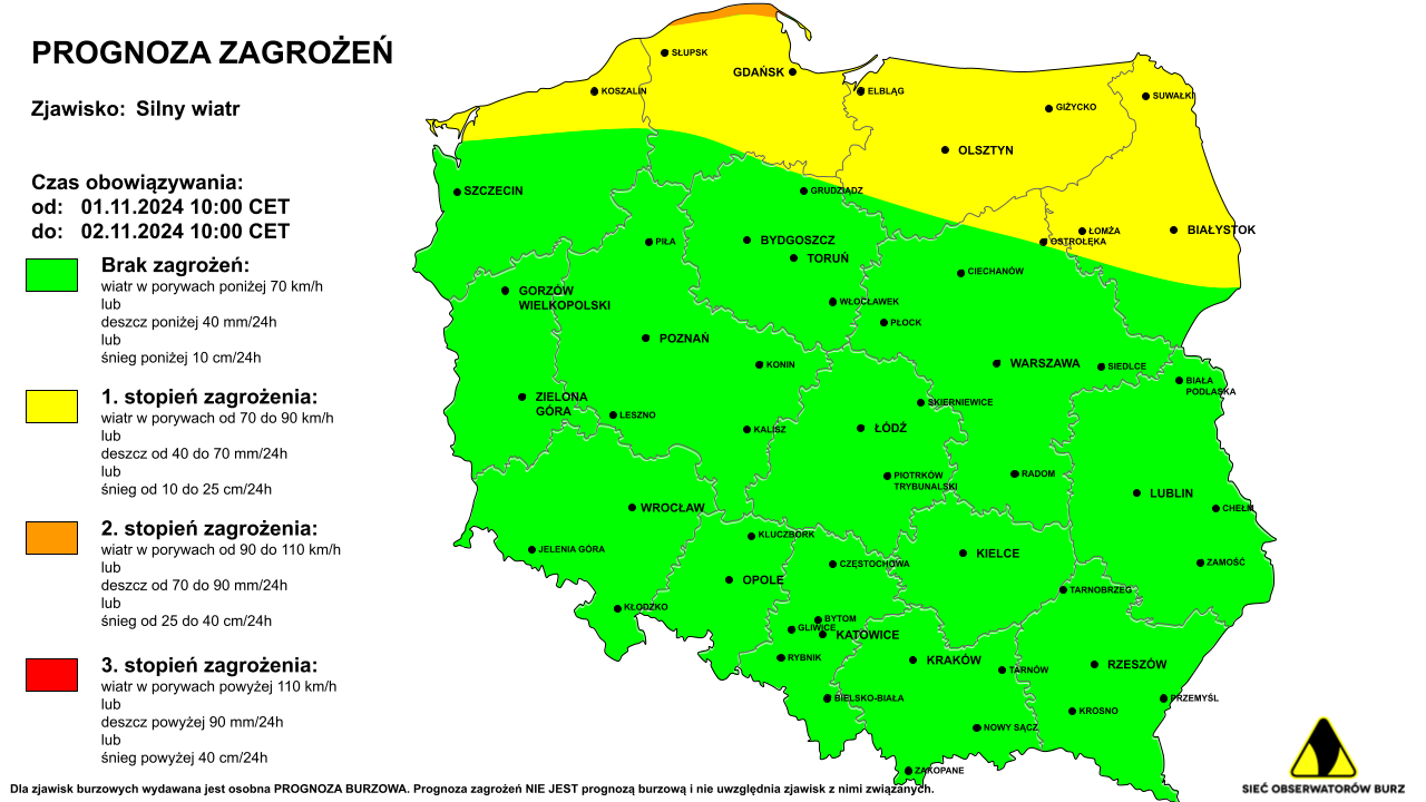 Ostrzeżenie pogodowe przed silnym wiatrem na 1.11.2024 i noc z 1/2.11.2024