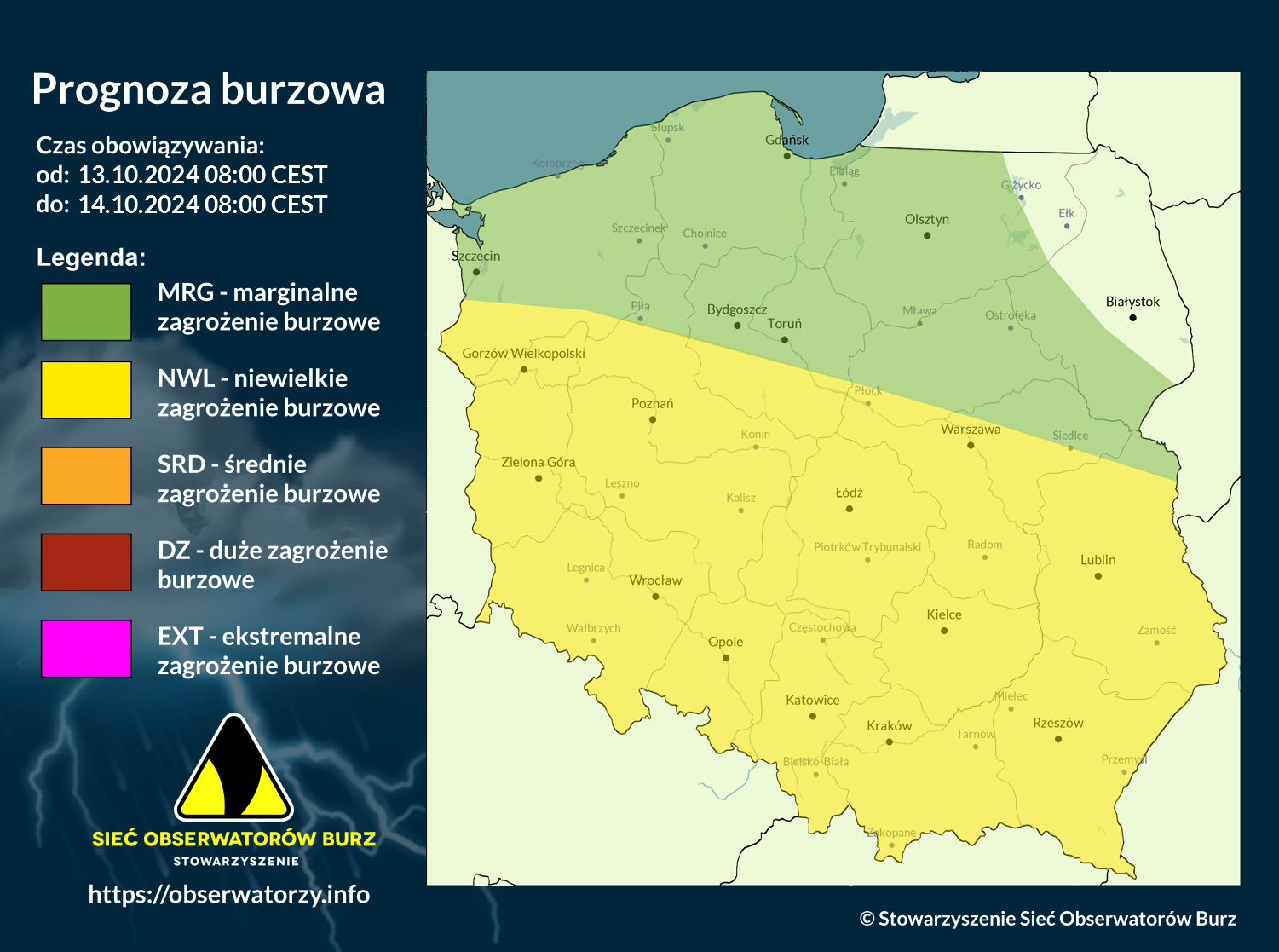 Prognoza burzowa na 13.10.2024 i noc z 13/14.10.2024