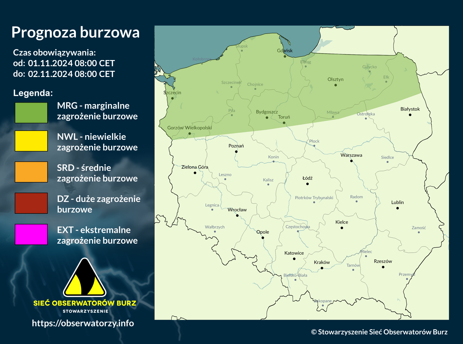 Prognoza burzowa na 1.11.2024 i noc z 1/2.11.2024