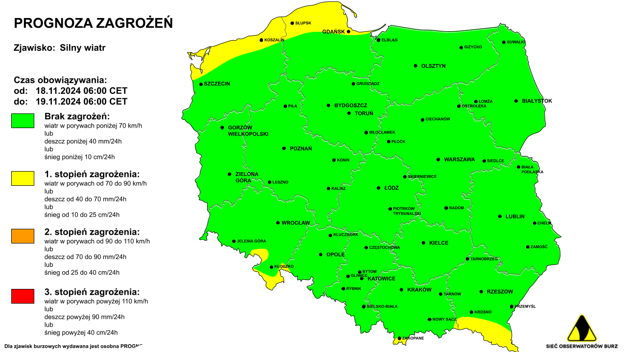 Ostrzeżenie przed silnym wiatrem na 18.11.2024 i noc z 18/19.11.2024 