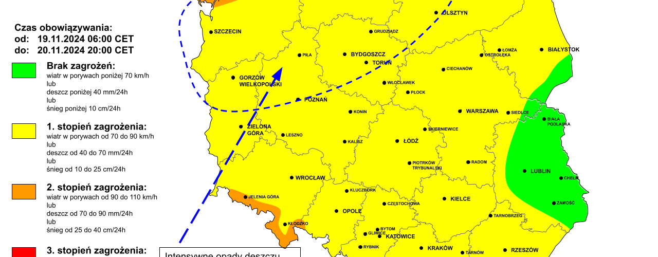 Ostrzeżenie przed silnym wiatrem i intensywnymi opadami na 19.11.2024 i noc z 19/20.11.2024