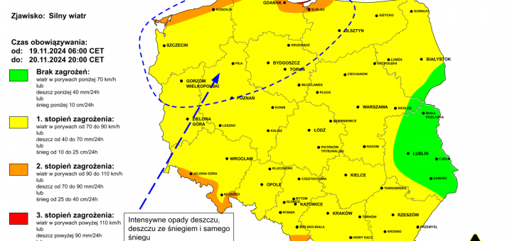 Ostrzeżenie przed silnym wiatrem i intensywnymi opadami na 19.11.2024 i noc z 19/20.11.2024