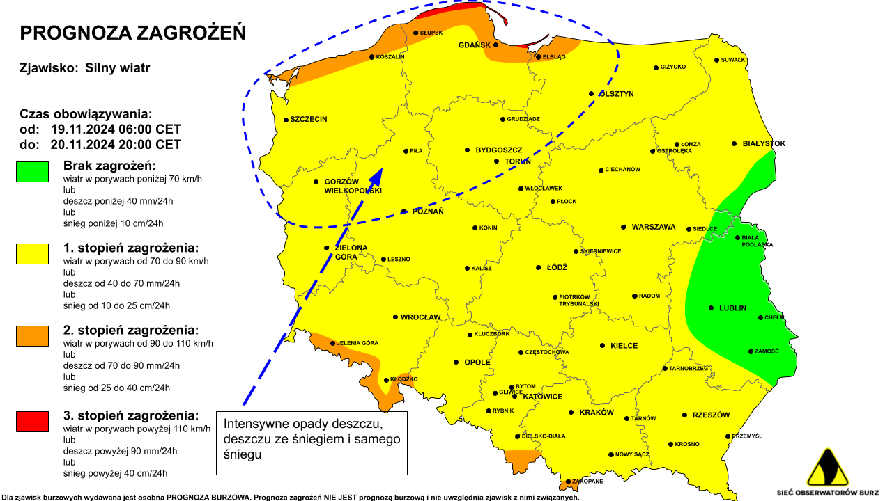 Ostrzeżenie przed silnym wiatrem i intensywnymi opadami na 19.11.2024 i noc z 19/20.11.2024