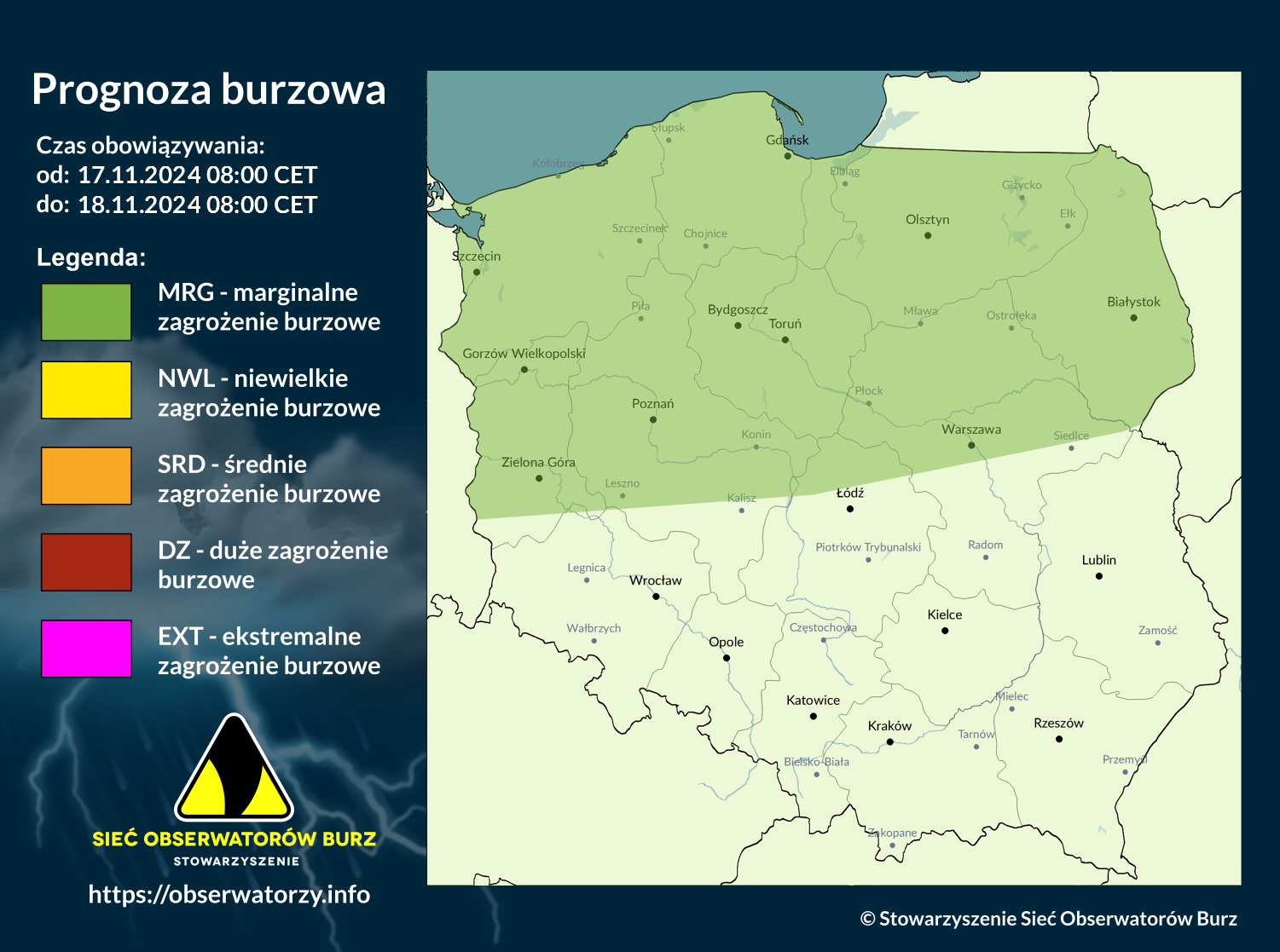 Prognoza burzowa na 17.11.2024 i noc z 17/18.11.2024