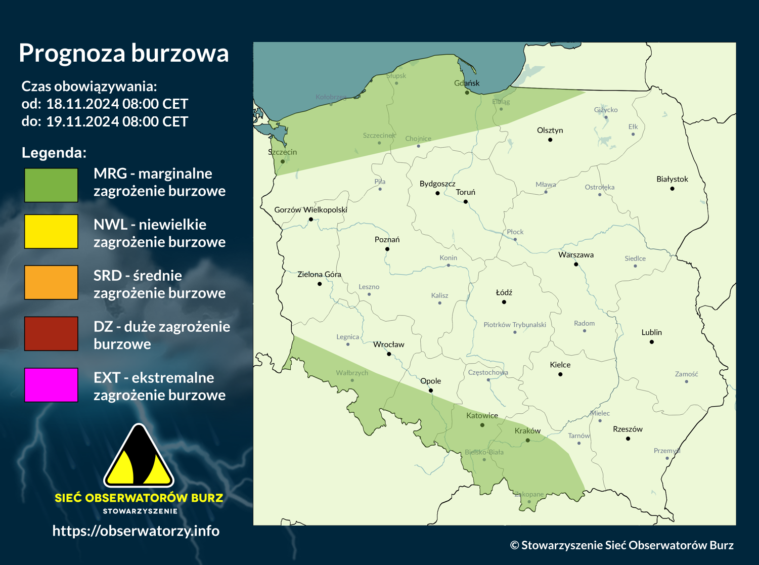 Prognoza burzowa i ostrzeżenie przed silnym wiatrem na 18.11.2024 i noc z 18/19.11.2024 