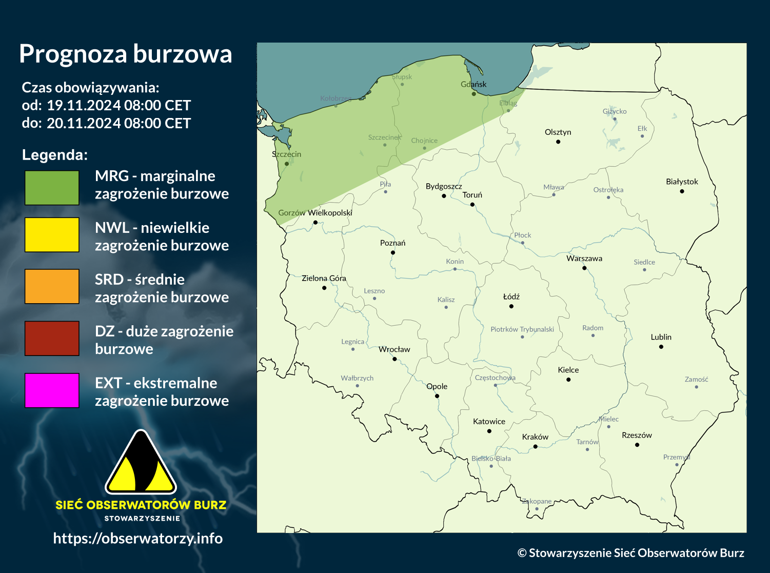 Prognoza burzowa na 19.11.2024 i noc z 19/20.11.2024