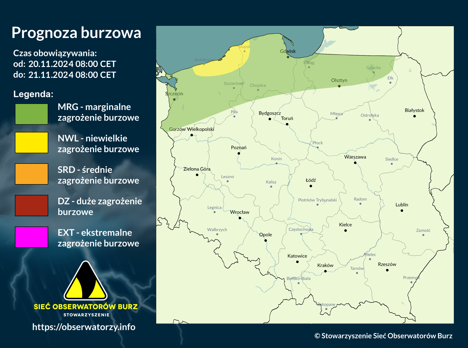 Prognoza burzowa na 20.11.2024 i noc z 20/21.11.2024