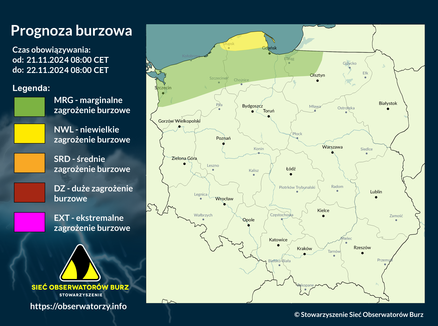 Prognoza burzowa na 21.11.2024 i noc z 21/22.11.2024