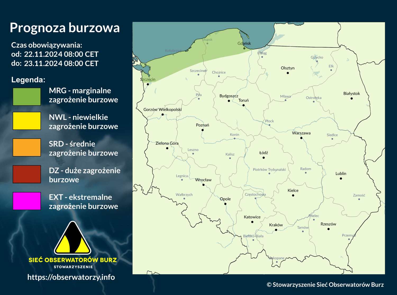 Prognoza burzowa na 22.11.2024 i noc z 22/23.11.2024