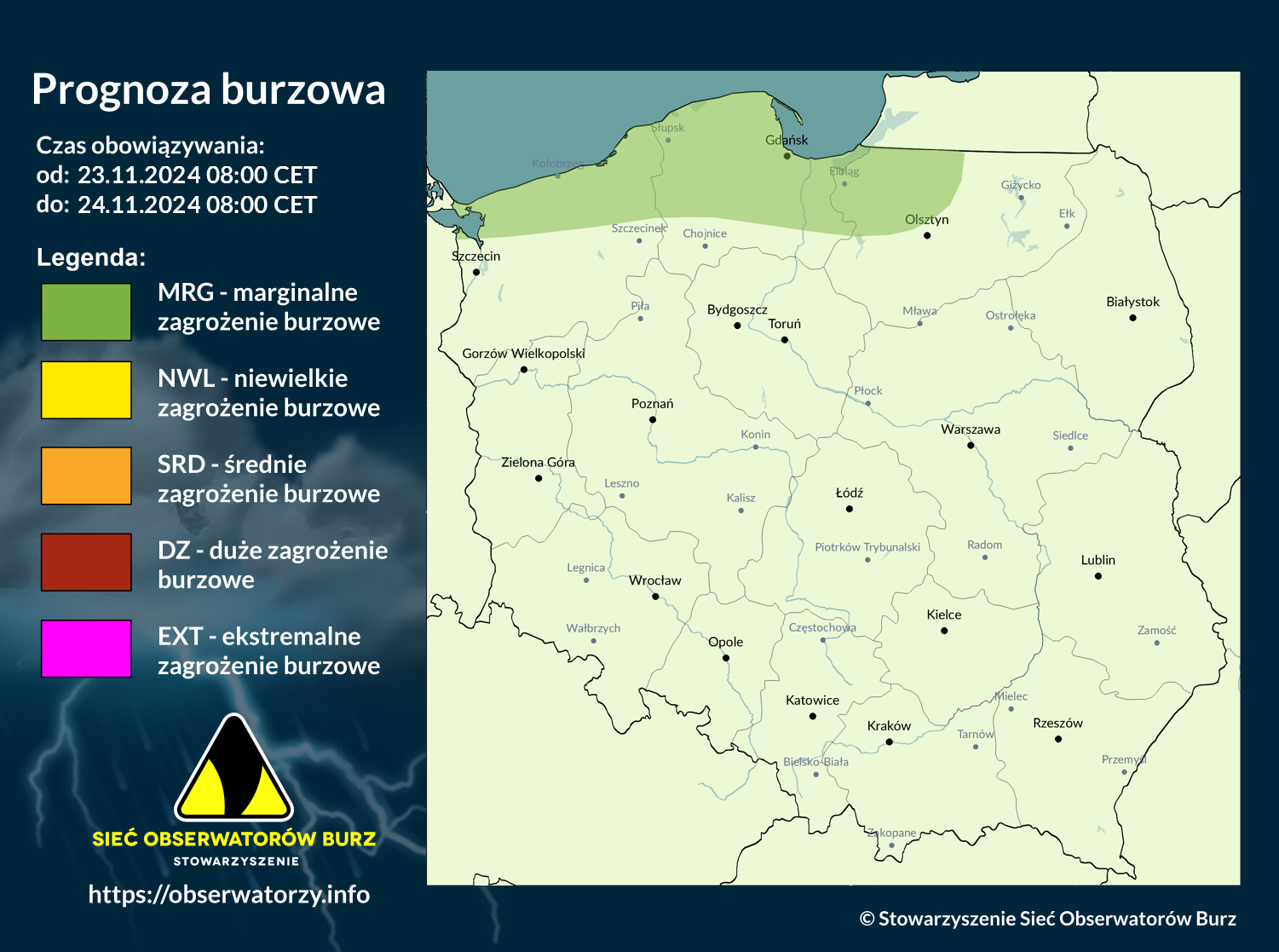 Prognoza burzowa na 23.11.2024 i noc z 23/24.11.2024