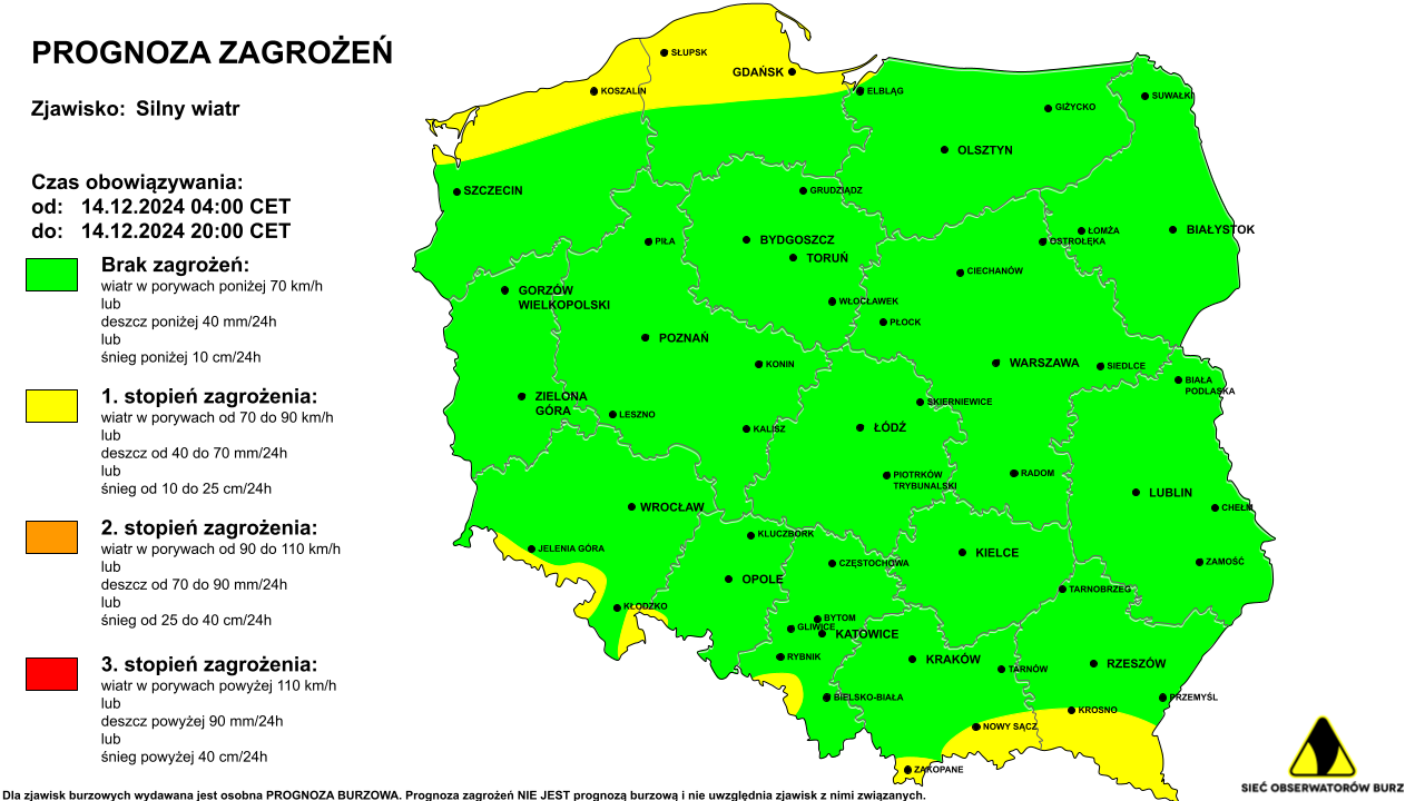 Ostrzeżenie przed silnym wiatrem na 14.12.2024