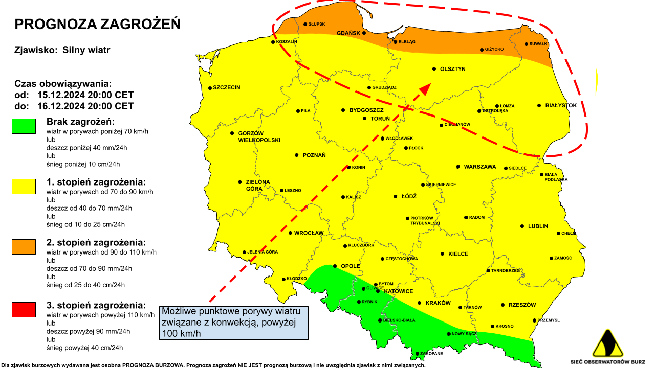 ostrzeżenie pogodowe przed silnym wiatrem na 16.12.2024