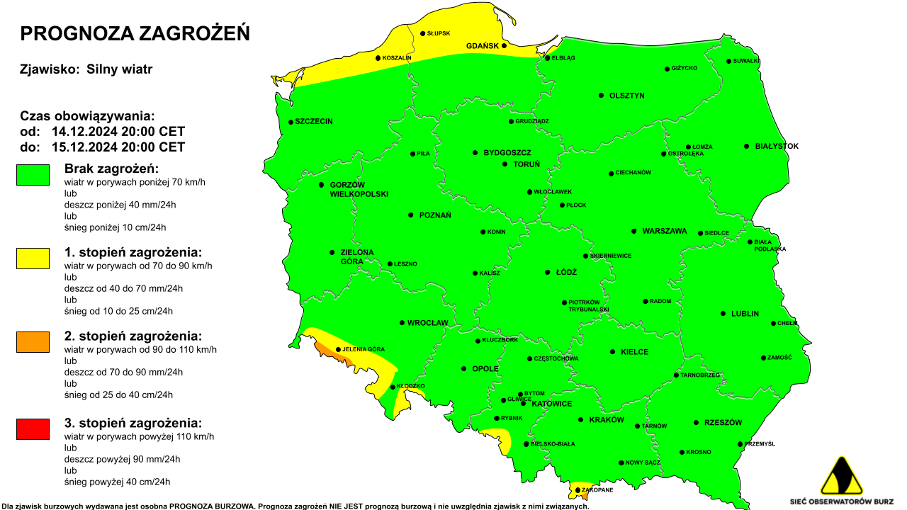 Prognoza burzowa i ostrzeżenie przed silnym wiatrem na 15.12.2024 