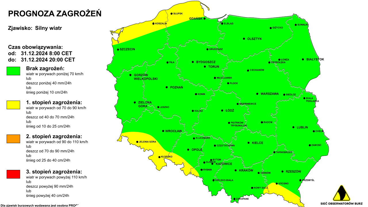 Ostrzeżenie pogodowe przed silnym wiatrem na 31.12.2024