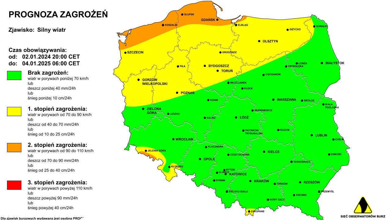 Ostrzeżenie przed silnym wiatrem na noc z 2/3.01.2025 i 3.01.2024