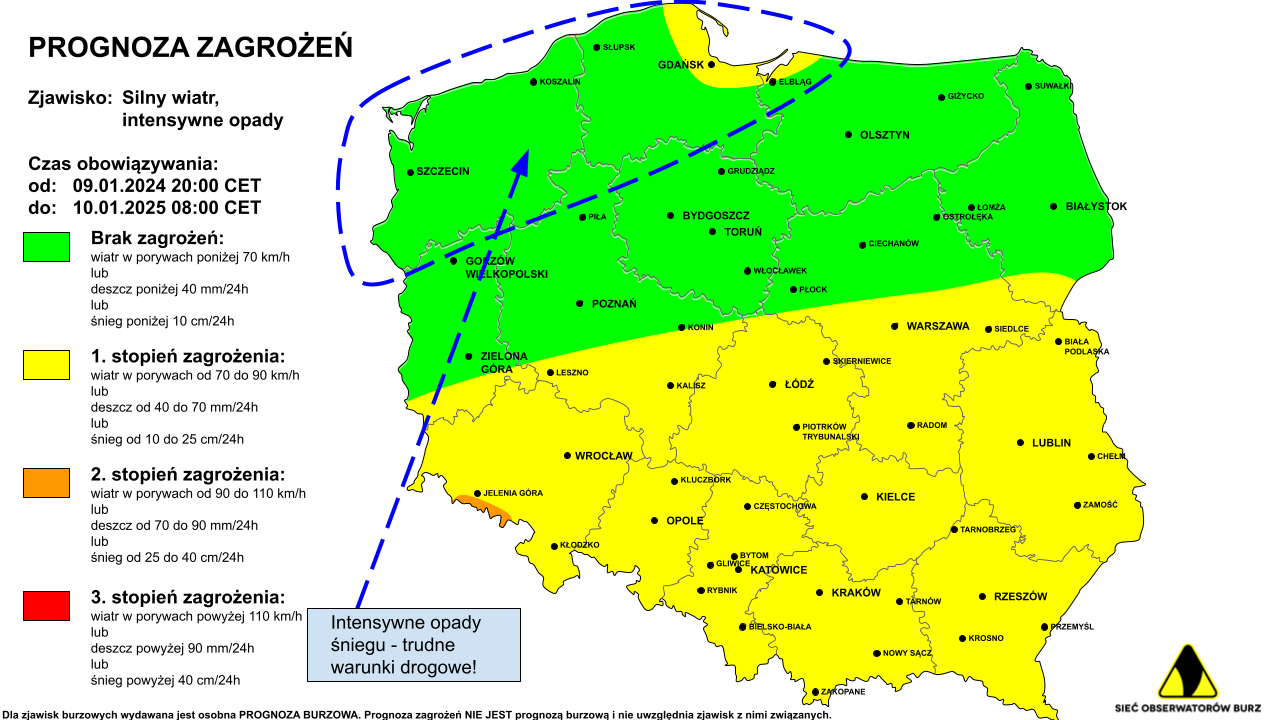 Ostrzeżenie przed silnym wiatrem i intensywnymi opadami śniegu na 9.01.2025 i noc z 9/10.01.2025