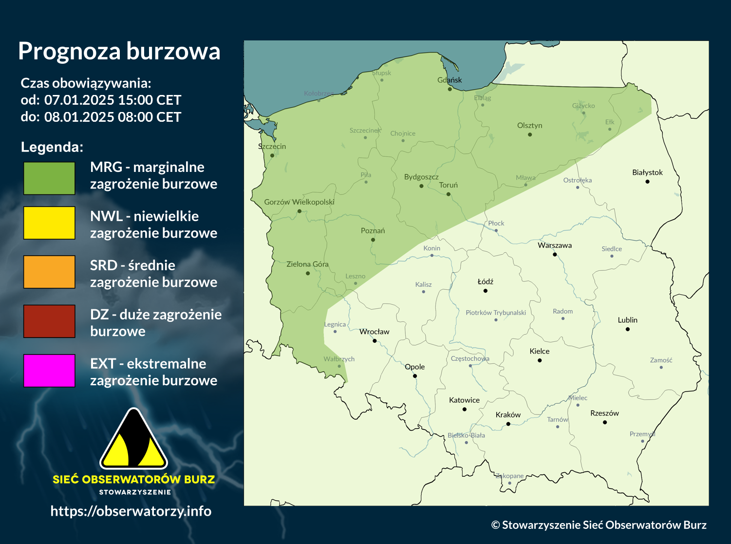 Prognoza burzowa na 7.01.2025 i noc z 7/8.01.2025