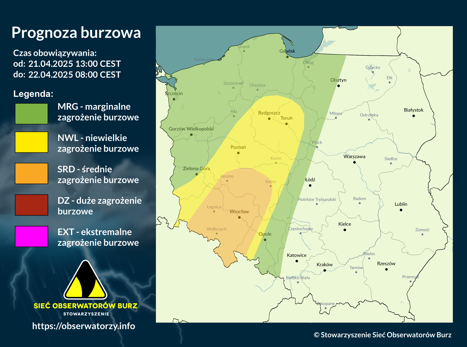 Prognoza burzowa na 21.04.2025 i noc z 21/22.04.2025 [AKTUALIZACJA]