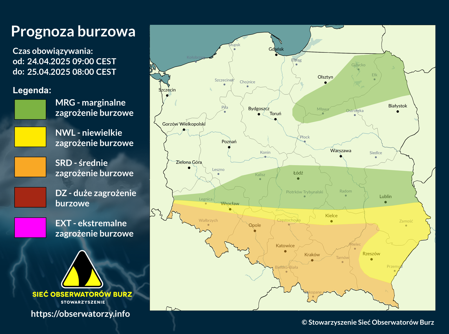 Prognoza burzowa na 24.04.2025 i noc z 24/25.04.2025 [AKTUALIZACJA]