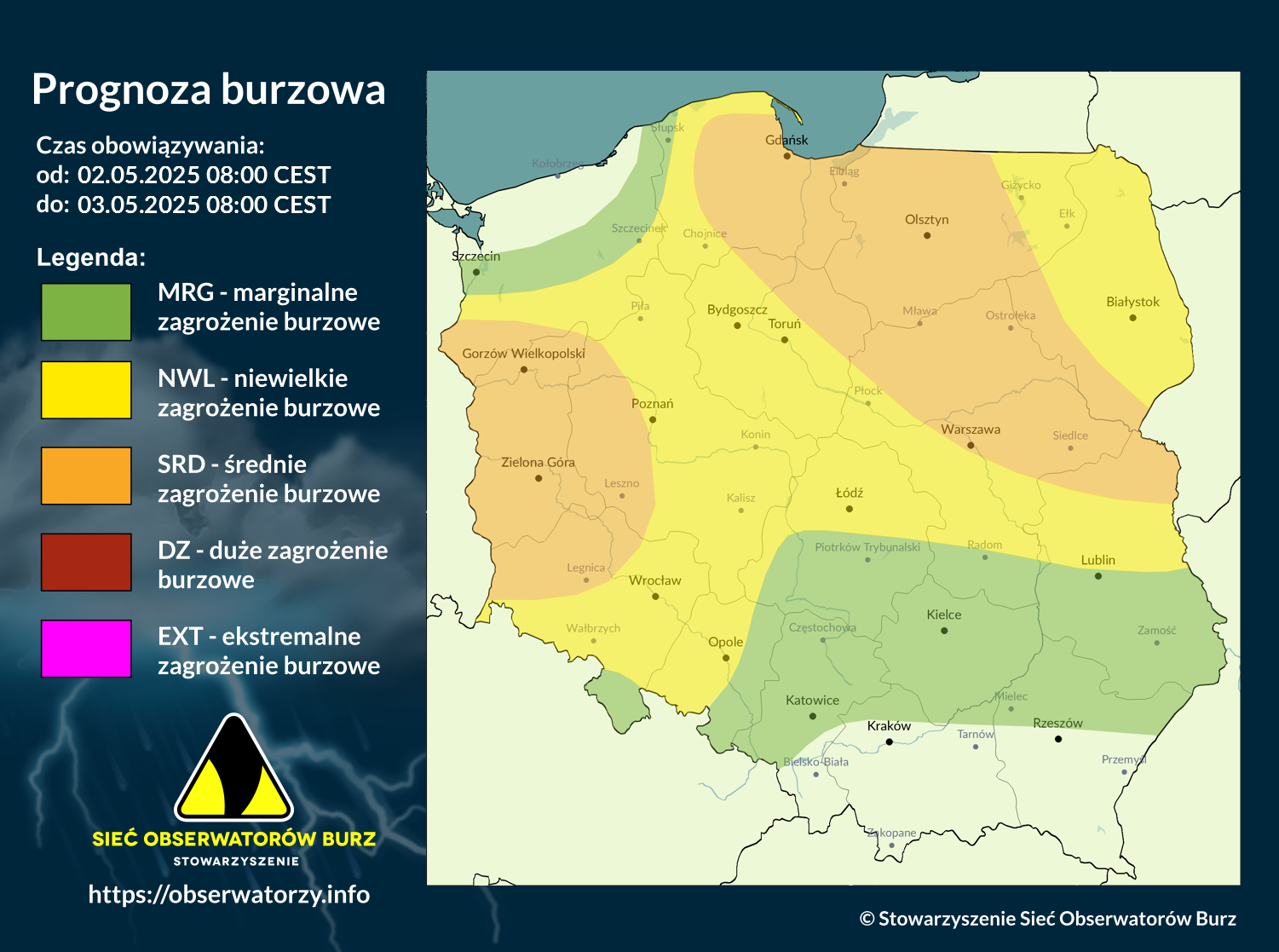 Prognoza burzowa na 2.05.2025 i noc z 2/3.05.2025