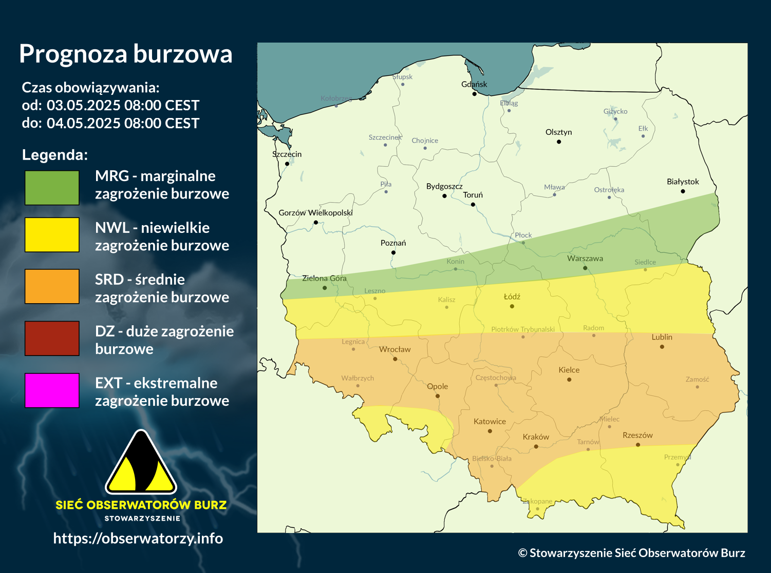 Prognoza burzowa na 3.05.2025 i noc z 3/4.05.2025