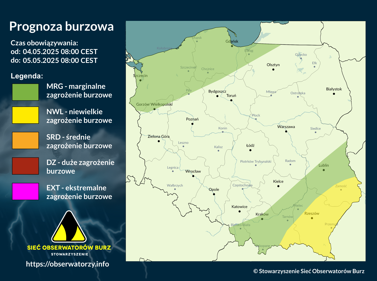 Prognoza burzowa na 4.05.2025 i noc z 4/5.05.2025